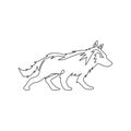 Single continuous line drawing of mysterious wolf for e-sport team logo identity. Strong wolves mascot concept for national park