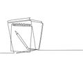 Single continuous line drawing of notebook or notepad with a pencil above work desk. Writing business draft on office notes