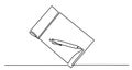 Single continuous line drawing of notebook or notepad with a pencil above work desk. Writing business draft on office