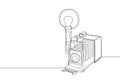 Single continuous line drawing of old retro analog camera medium format with blitz flash light. Vintage photography equipment