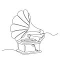 Single continuous line drawing of old retro analog vinyl gramophone with wooden table box . Nostalgic vintage classic music player Royalty Free Stock Photo