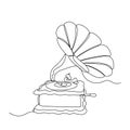 Single continuous line drawing of old retro analog vinyl gramophone with wooden table box . Nostalgic vintage classic music player Royalty Free Stock Photo