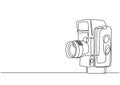 Single continuous line drawing of old vintage analog movie film camera medium format. Classic retro photography equipment concept