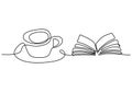 Single continuous line drawing of an open book beside a cup of coffee at work desk. Opened page book at home or school library. Royalty Free Stock Photo