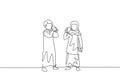 Single continuous line drawing pair of Arabian boys and girls standing while enjoying glass of fresh milk for growth and Royalty Free Stock Photo