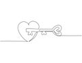 Single continuous line drawing of pair heart shaped key and keyhole fit on puzzle symbol. Romantic couple mate marriage concept.