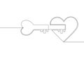 Single continuous line drawing of pair heart shaped key and keyhole symbol. Romantic couple mate marriage concept one line draw