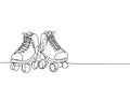 Single continuous line drawing pair of old retro plastic quad roller skate shoes. Vintage classic extreme sport concept one line