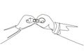 Single continuous line drawing pair of wedding rings held by groom and bride together. Bride and groom make vow of loyalty on