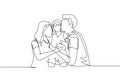Single continuous line drawing parents kissing their little girl on her cheeks. Adorable child with an innocent expression.