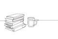 Single continuous line drawing of pile of books with a cup of hot black cappuccino coffee at public library. Book of educational Royalty Free Stock Photo