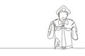 Single continuous line drawing pilot with celebrate gesture and full uniform ready to fly with cabin crew in aircraft at