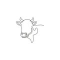 Single continuous line drawing of plump cow head for farming logo identity. Mammal animal mascot concept for livestock icon. One