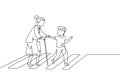 Single continuous line drawing polite boy help grandmother cross street. Well mannered child assistance to aged woman. Kid and Royalty Free Stock Photo