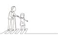 Single continuous line drawing polite girl helping grandfather to cross street. Courteous kind kid taking old man across road,