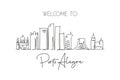 Single continuous line drawing of Porto Alegre city skyline, Brazil. Famous city scraper landscape. World travel destination