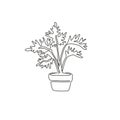 Single continuous line drawing potted cute tropical leaf plant. Printable houseplant philodendron selloum concept for home wall