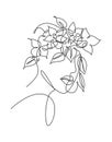 Single continuous line drawing pretty woman face with flowers. Nature beauty botanical print concept for wall decor print.