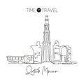 Single continuous line drawing Qutub Minar mosque landmark. Most beautiful famous place in Delhi, India. World travel wall decor