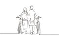 Single continuous line drawing rear view couple Arab man and woman walking together with bicycle. Young boy and girl in love.