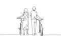 Single continuous line drawing rear view couple man and woman walking together with bicycle. Young boy and girl in love. Happy