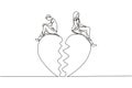 Single continuous line drawing relationship break up, broken heart, couple facing opposite direction. Couple sitting on big broken