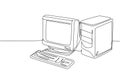 Single continuous line drawing of of retro old classic personal computer processor unit. Vintage cpu with analog monitor and