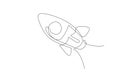 Single continuous line drawing rocket launch fly into the sky universe. Vintage spacecraft rocketship. Simple retro outer space