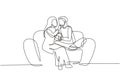 Single continuous line drawing romantic Arabian couple sitting relaxed together on sofa, woman feeding popcorn to man. Celebrate