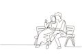 Single continuous line drawing romantic Arabic couple on bench in park. Happy man hugging and embracing woman. Couple dating