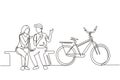 Single continuous line drawing romantic couple chatting while sitting on bench. Romantic teenage couple ride bike. Young man and