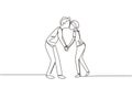 Single continuous line drawing romantic of male and female couple with lips locked in kiss. Happy cute couple lovers kissing and