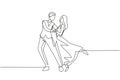 Single continuous line drawing romantic man and woman professional dancer couple dancing tango, waltz dances on dancing contest