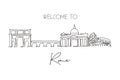 Single continuous line drawing of Rome city skyline, Italy. Famous Roma skyscraper landscape. World travel home wall decor poster