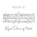 Single continuous line drawing Royal Palace of Madrid landmark. Beautiful famous place in Madrid Spain. World travel home wall