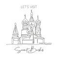 Single continuous line drawing Saint Basil`s landmark. Beauty famous place in Moscow, Russia. World travel wall decor home art