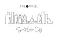 Single continuous line drawing of Salt Lake City skyline, Utah. Famous city scraper landscape. World travel home wall decor art Royalty Free Stock Photo