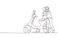 Single continuous line drawing scooter, travel, couple, adventure, ride concept. Family couple travel by scooter. Happy Arab man