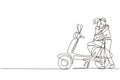 Single continuous line drawing scooter, travel, couple, adventure, ride concept. Family couple travel by scooter. Happy man and