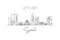 Single continuous line drawing Seoul skyline, South Korea. Famous city scraper landscape wall decor poster print art. World travel