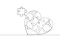 Single continuous line drawing of set puzzle pieces put it together to cute heart shape form symbol. Romantic marriage love