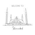 Single continuous line drawing Shah Faisal Mosque landmark. Beautiful famous place in Islambad, Pakistan. World travel home wall Royalty Free Stock Photo