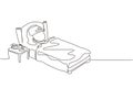 Single continuous line drawing sick girl with high fever. Child is sick with flu or coronavirus. Kid lying in bed feel so bad with Royalty Free Stock Photo