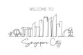 Single continuous line drawing of Singapore city skyline. Famous city scraper and landscape. World travel concept home decor wall