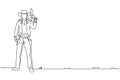 Single continuous line drawing smart cowboy with hat holding his gun. American gunslinger style holding gun concept. Weapons for Royalty Free Stock Photo