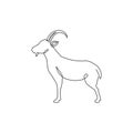 Single continuous line drawing of strong tough goat for business logo identity. Lamb emblem mascot concept for ranch icon. Trendy