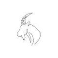 Single continuous line drawing of strong tough goat head for business logo identity. Lamb mascot emblem concept for ranch icon.