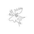 Single continuous line drawing of sturdy moose head for logo identity. Buck animal mascot concept for national zoo icon. One line