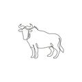 Single continuous line drawing of sturdy wildebeest for organisation logo identity. Big gnu mascot concept for national safari