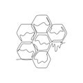 Single continuous line drawing of stylized bee hive with sweet honey drip from honeycomb. Natural healthy food concept. Modern one